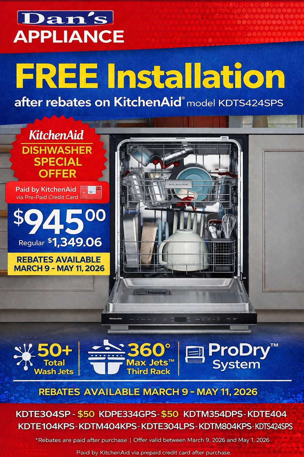 KitchenAid dishwasher KDTS424SPS — free installation after rebates